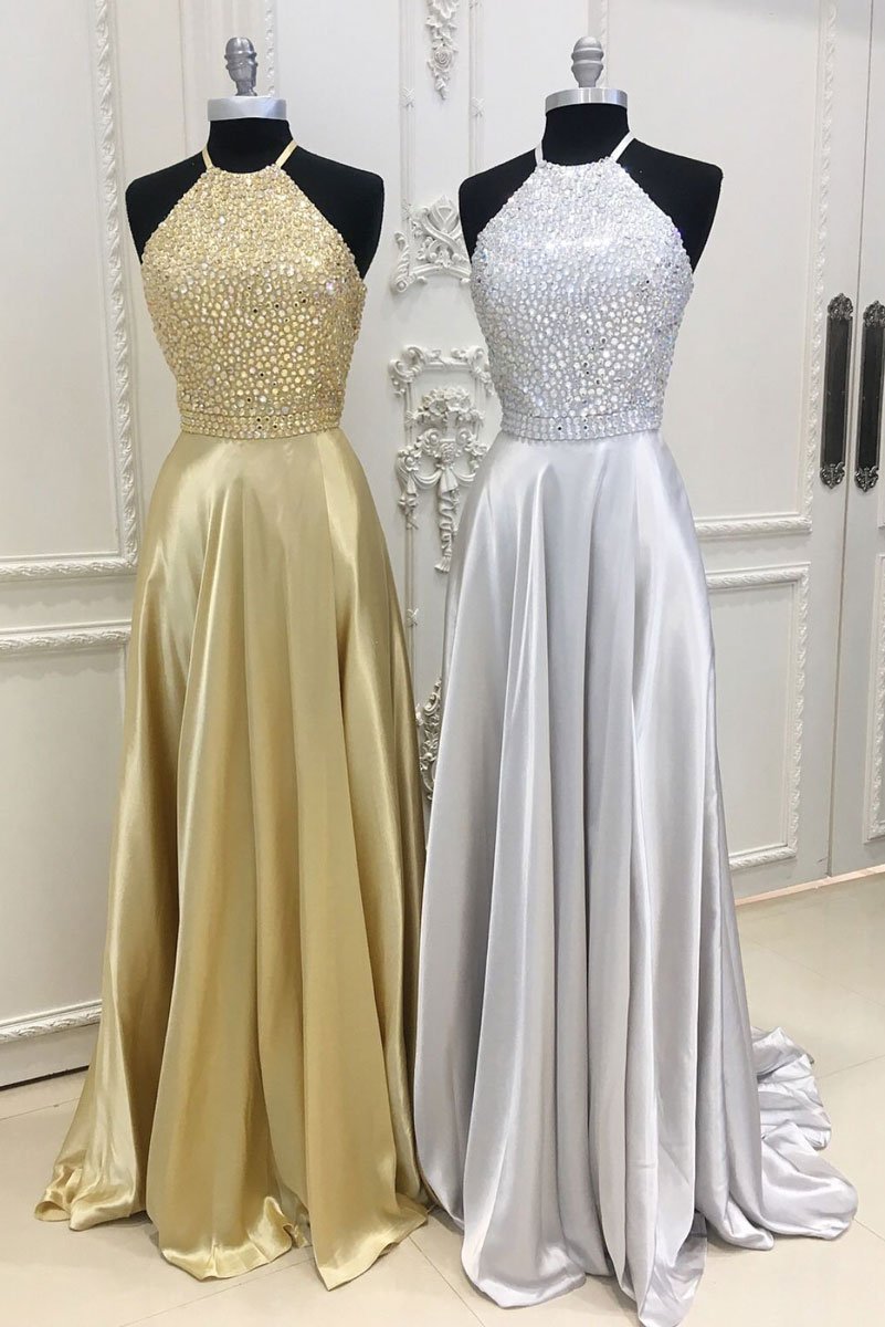 Modest Crystals Halter Sleeveless Custom Made A-line Prom Dresses-newarrivaldress