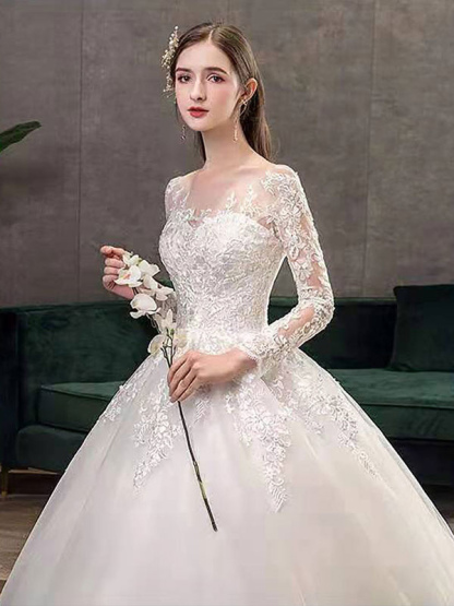 New Vintage Wedding Dresses Eric White Jewel Neck Long Sleeves Natural Waist Satin Fabric Cathedral Train Applique Traditional Dresses For Bride-newarrivaldress
