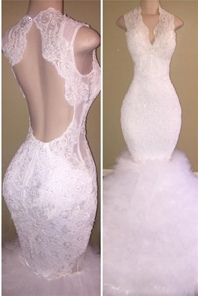 New Arrival White Lace Straps Sleeveless Ruffles Prom Dresses-newarrivaldress