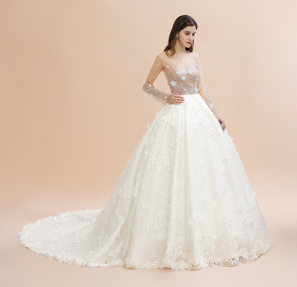 Gorgeous Scoop Neck Wedding Dress Long Sleeves Glitter Floral Lace Aline Bridal Dress-newarrivaldress