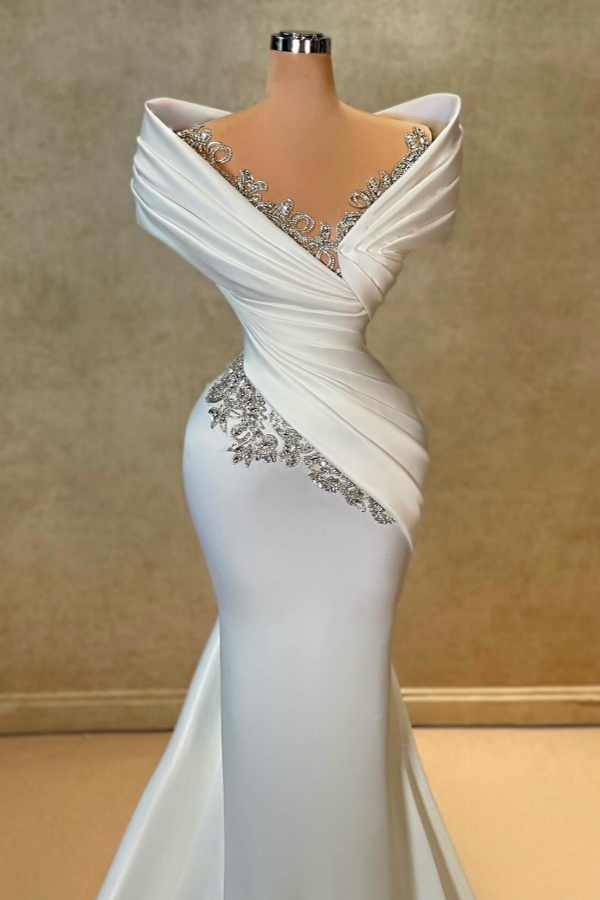Off-the-Shoulder Ruched Satin White Trumpet Evening Dresses with Sweep Train-newarrivaldress