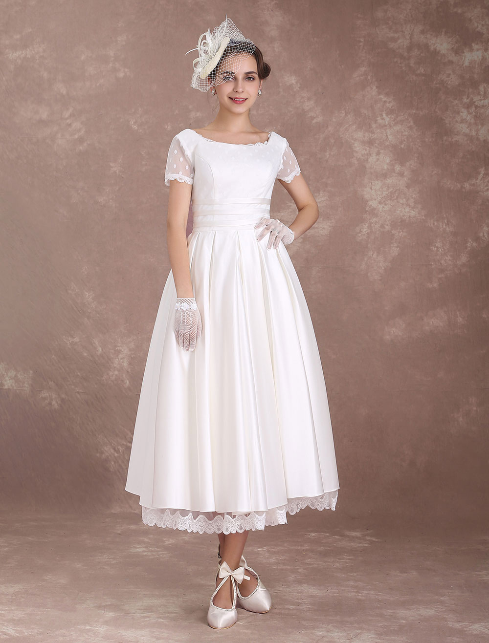 Vintage Wedding Dress Short Sleeve 1950'S Bridal Dress Backless Polka Dot Lace Trim Ivory Wedding Reception Dress Exclusive-newarrivaldress