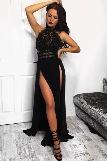 Sexy Black High Neck Lace Front Split Sleeveless Prom Dress BA7773-newarrivaldress