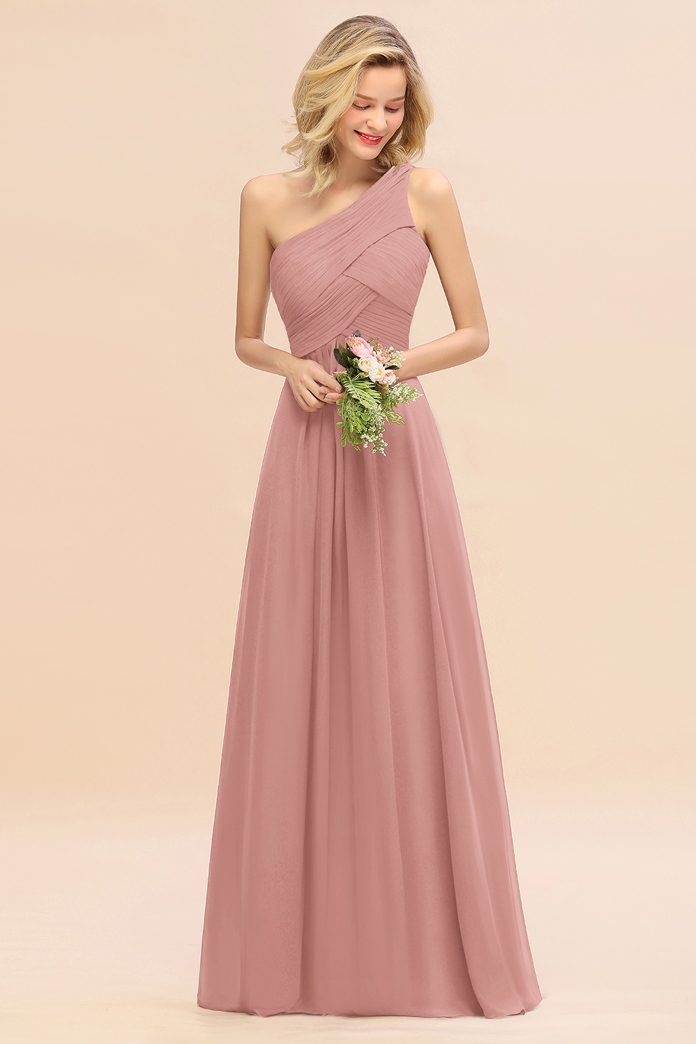 Elegant Ruched Chiffon One Shoulder Bridesmaid Dress Long Sleeveless Evening Dress-newarrivaldress