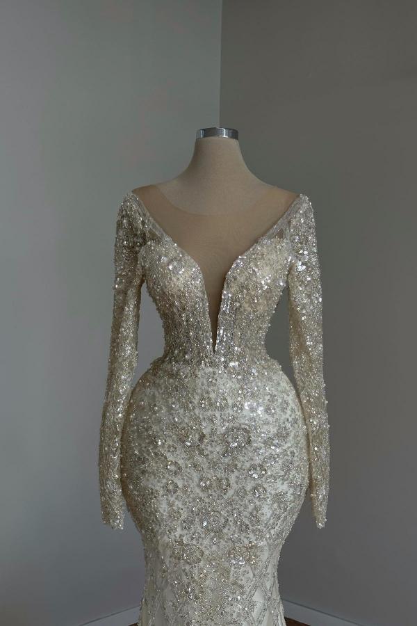 Gorgeous V-Neck Sequins Mermaid Wedding Dresses with Sleeves-newarrivaldress