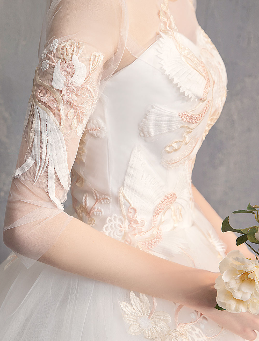 Ball-Gown-Princess-Wedding-Dresses-Ivory-Half-Sleeve-Backless-Applique-Bridal-Dress-newarrivaldress