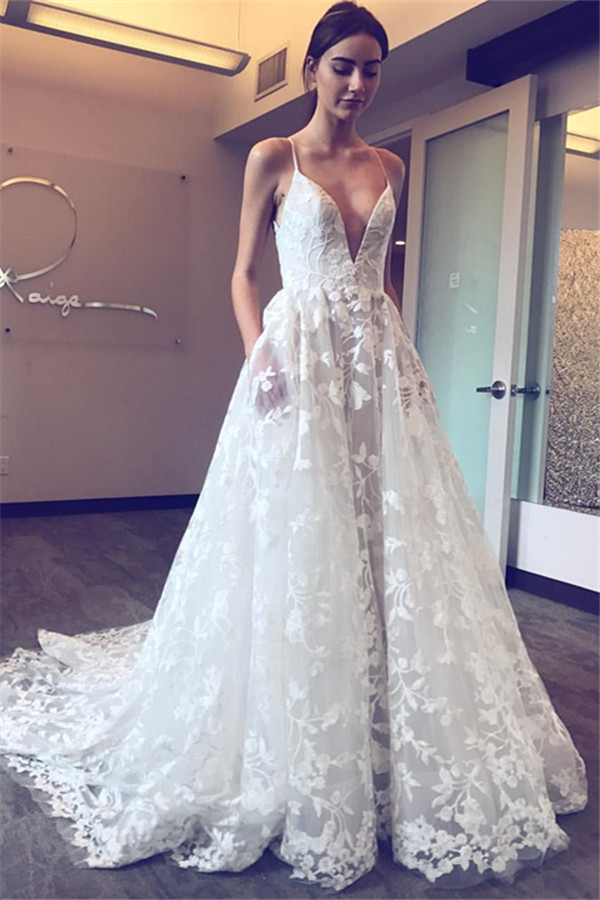 Elegant V-Neck Lace A-line Wedding Dresses | Spaghetti Straps Sleeveless Bridal Gowns-newarrivaldress