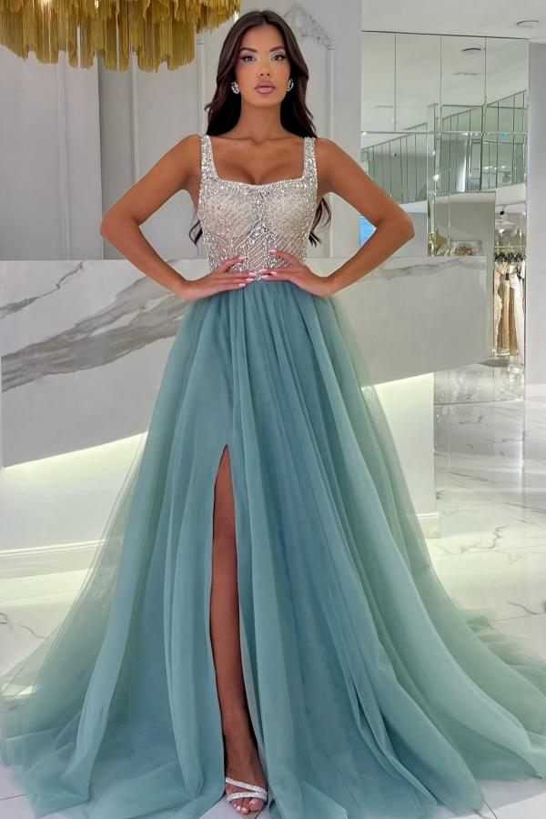 Stunning Square Neck Front Slit Evening Dress Sparkly Sequins Tulle Aline Prom Dress-newarrivaldress