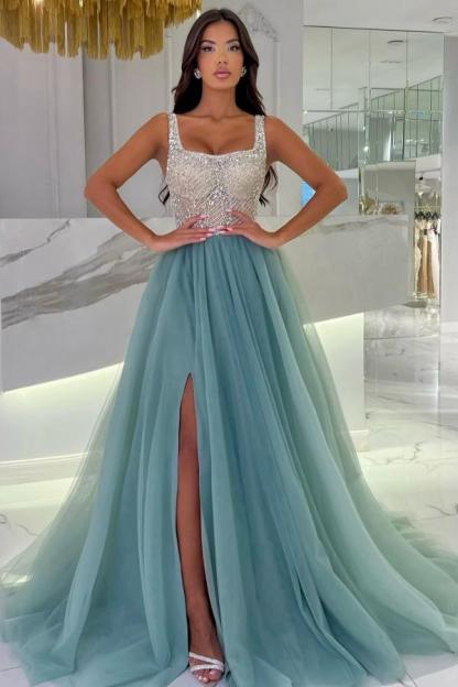 Stunning Square Neck Front Slit Evening Dress Sparkly Sequins Tulle Aline Prom Dress-newarrivaldress