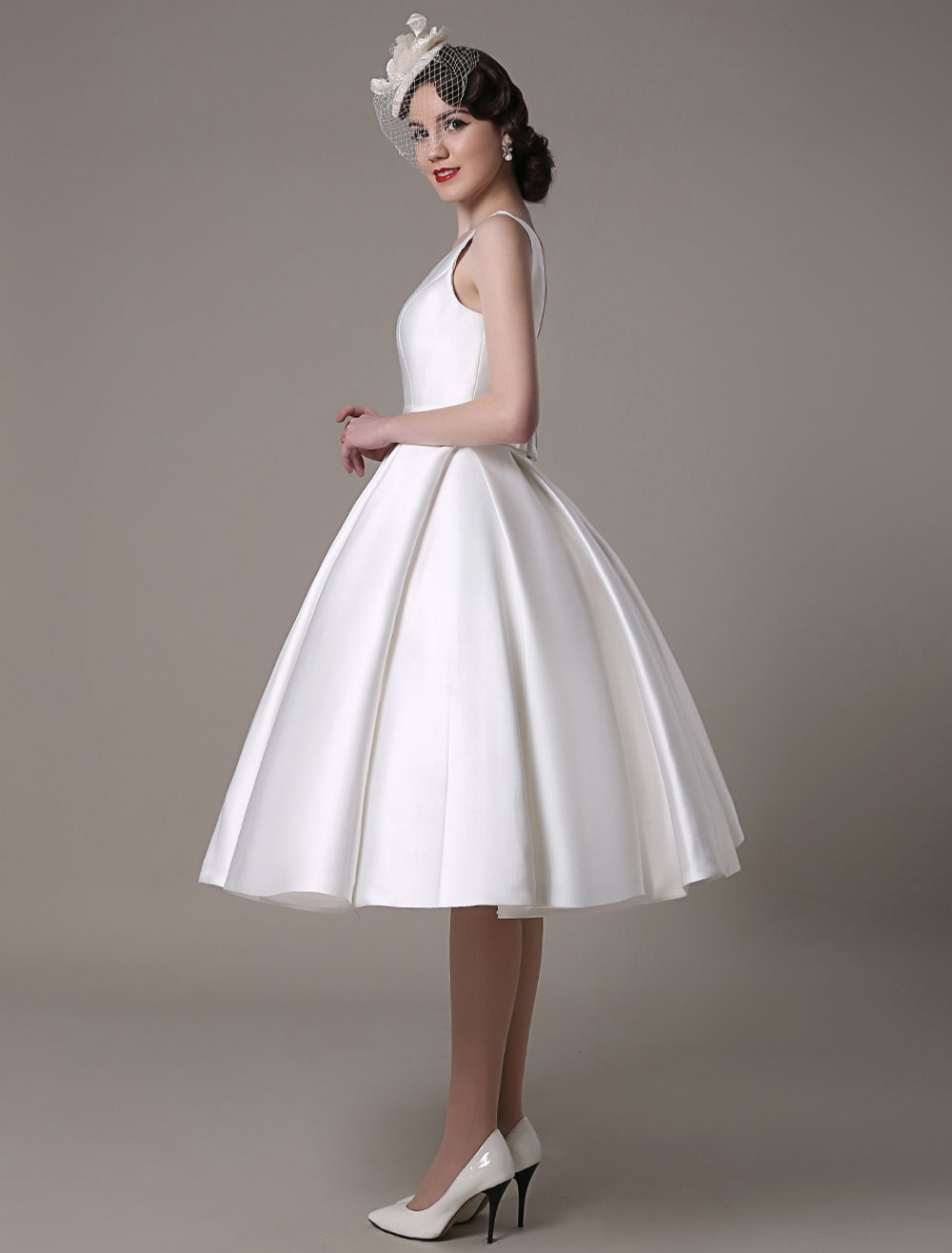Ivory Wedding Dress Scoop Backless Knee Length Satin Wedding Gown Exclusive-newarrivaldress