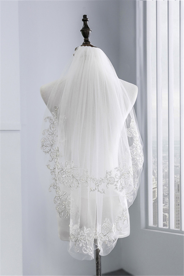 Floral Cute Tulle Lace Cut Edge 1.5*1.1M Wedding Gloves with Appliques Sequined