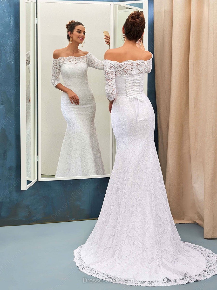 Sexy Off The Shoulder Lace Wedding Dresses with Half Sleeve | Lace Up Mermaid Simple Bridal Gowns-newarrivaldress