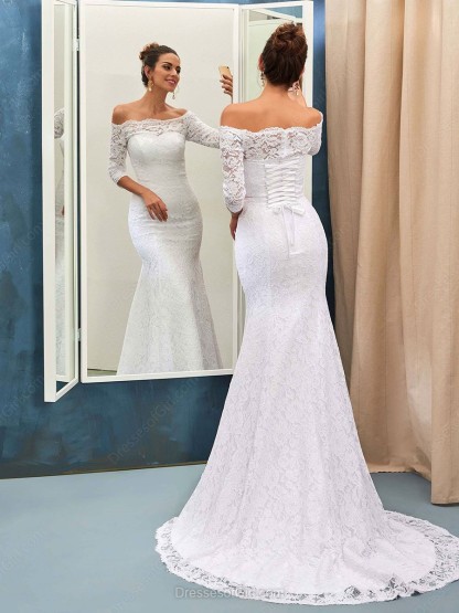Sexy Off The Shoulder Lace Wedding Dresses with Half Sleeve | Lace Up Mermaid Simple Bridal Gowns-newarrivaldress
