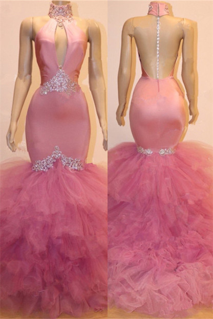 Keyhole Tulle Mermaid Long Prom Dresses for Formal | Sleeveless Beads Crystals Long Prom Dresses BC1555-newarrivaldress