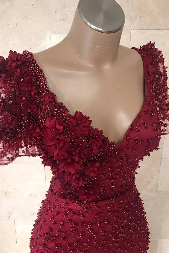 Mordern V-Neck Short Sleeves Beads Flower Sexy Mermaid Floor-Length Prom Dresses-newarrivaldress