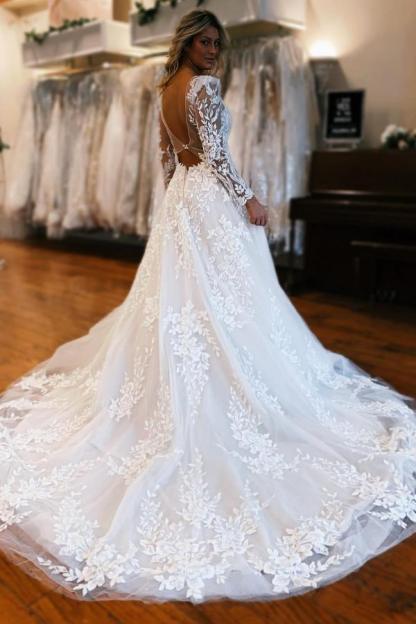 Elegant White Tulle A-line Wedding Dress Deep V-neck Floral Lace Bridal Dress-newarrivaldress