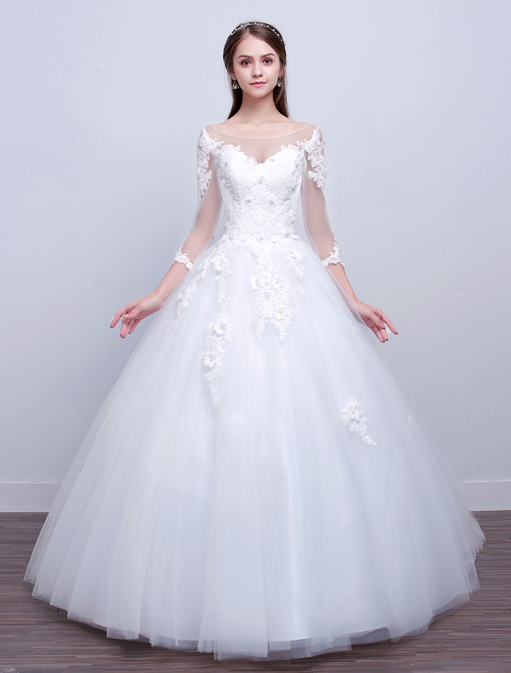Princess Ball Gown Wedding Dresses Long Sleeve Lace Illusion Ivory Floor Length Bridal Dress-newarrivaldress