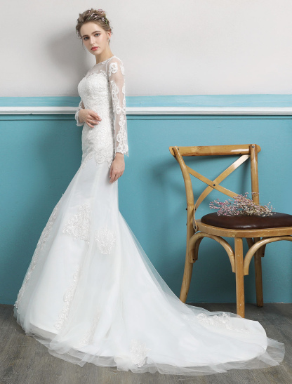 Mermaid Wedding Dresses Long Sleeve Ivory Lace Illusion Train Bridal Gowns-newarrivaldress