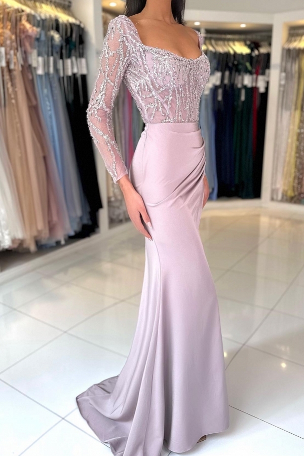 Amazing Long Sleeves Satin Evening Dresses U Neck Beadings Formal Dress-newarrivaldress