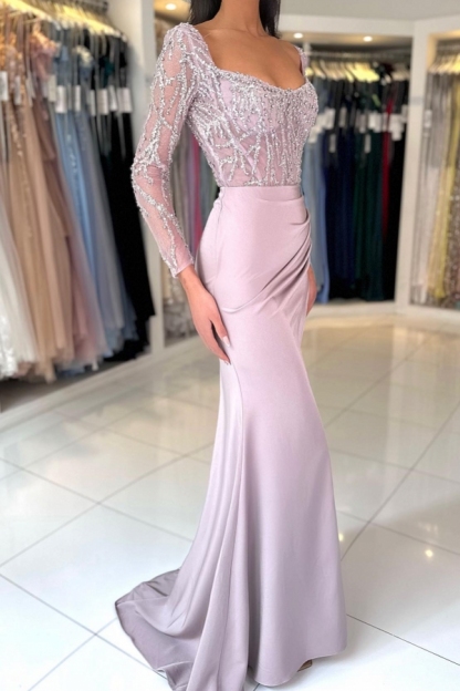 Amazing Long Sleeves Satin Evening Dresses U Neck Beadings Formal Dress-newarrivaldress