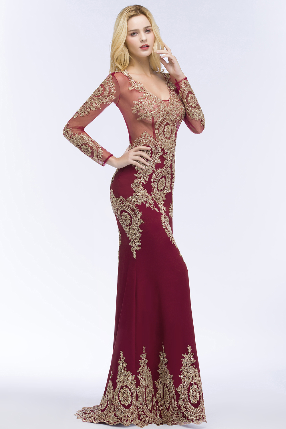 RUTH | Mermaid V-neck Floor Length Long Sleeves Appliques Prom Dresses-newarrivaldress