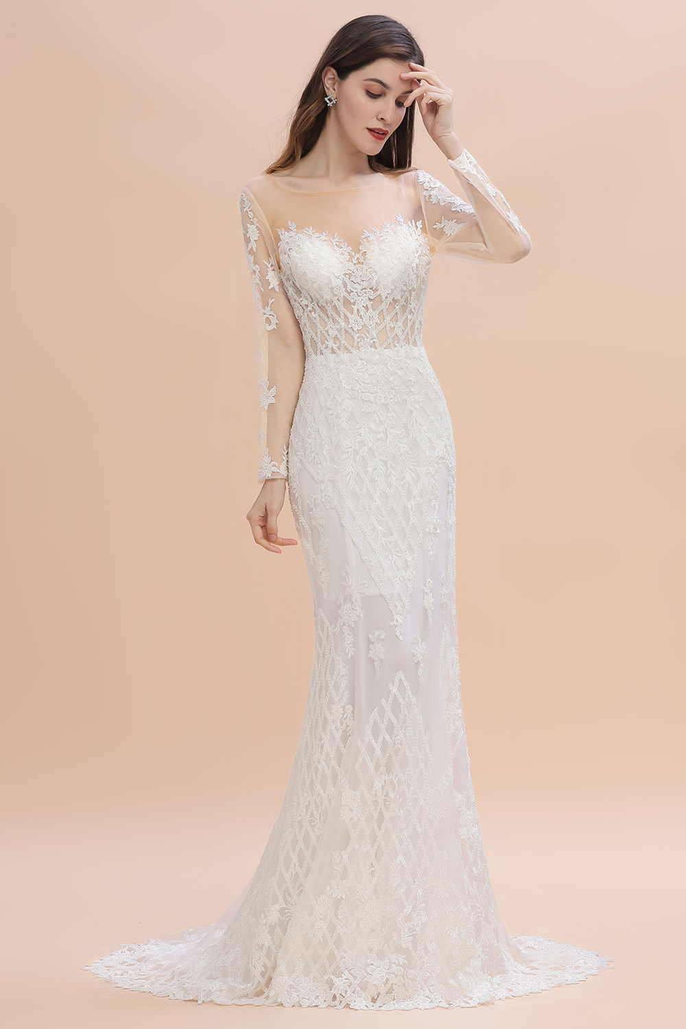 Long Sleeves Lace Tulle Mermaid Bridal Dress Scoop Neck Wedding Dress-newarrivaldress