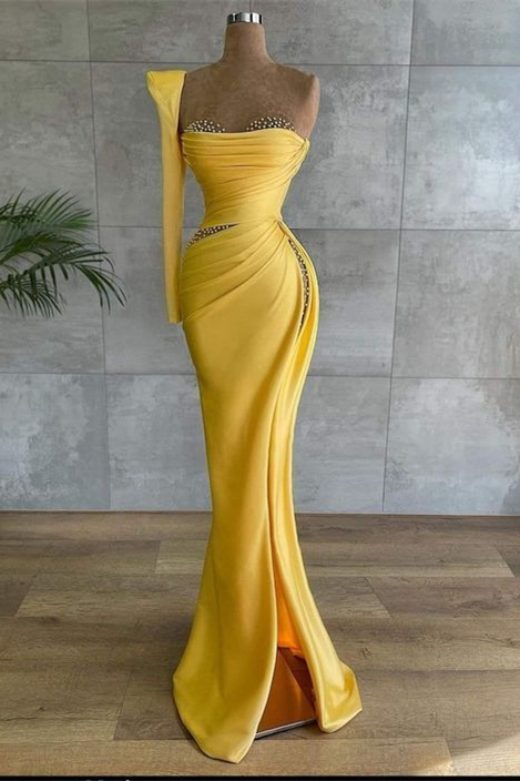 One Shoulder Yellow Ruched Satin Mermaid Prom Dress Beadings Sweetheart Slit Evening Dress-newarrivaldress