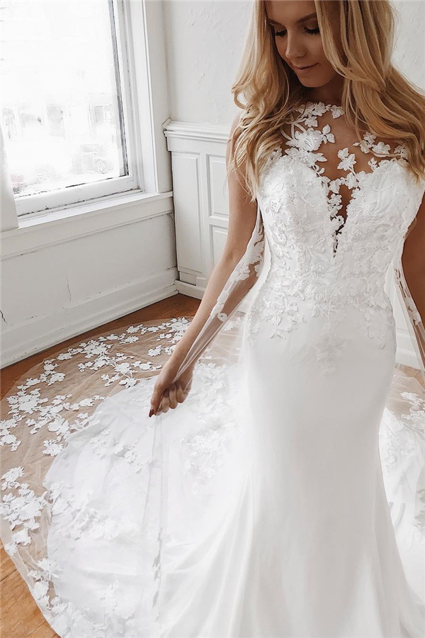 Sleeveless Lace Wedding Dresses Online | Mermaid Bridal Gowns with Long Train-newarrivaldress