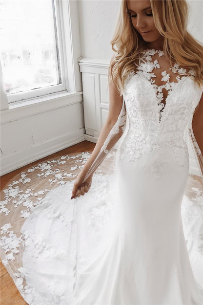 Sleeveless Lace Wedding Dresses Online | Mermaid Bridal Gowns with Long Train-newarrivaldress