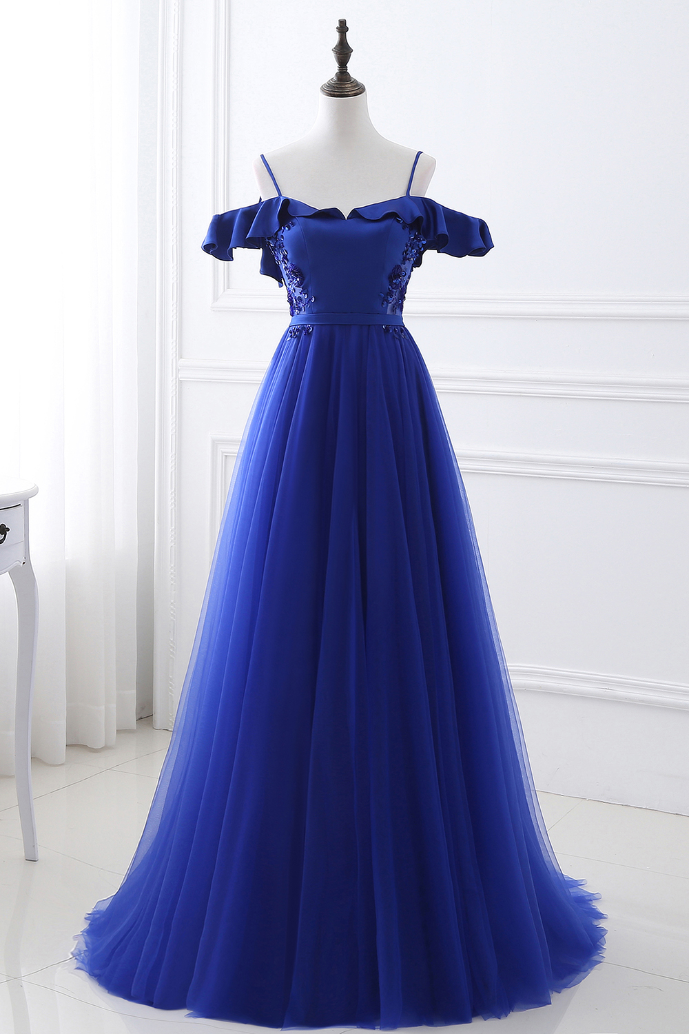 CHANEL | Ball Gown Off-the-shoulder Floor-length Blue Tulle Prom Dress-newarrivaldress