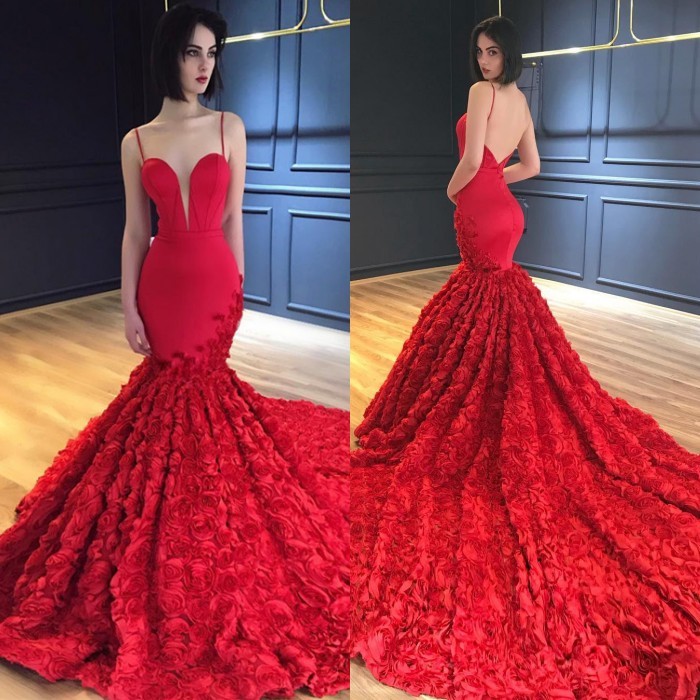 Red Spaghetti-Strap Prom Dress |Evening Dress With Flowers Bottom BA8856-newarrivaldress