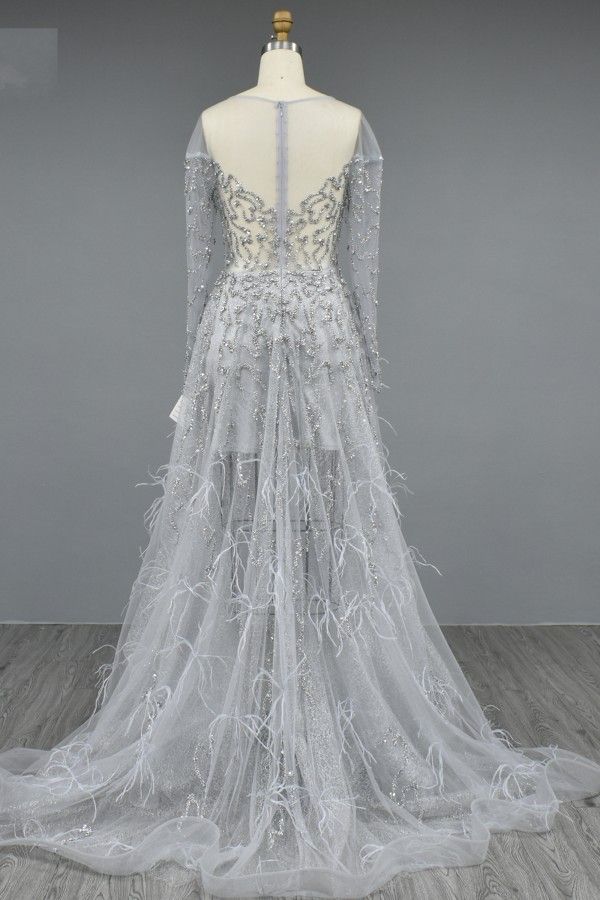 Gorgeous Long Sleeves Crystals Jewel Tulle Hi-Lo Evening Dress with Fur-newarrivaldress