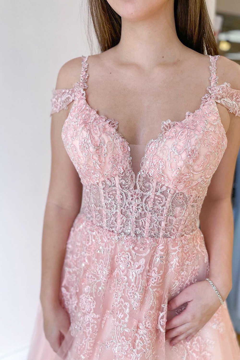 Off Shoulder Pink Floral Lace Eevening Dress Tulle Aline Party Dress-newarrivaldress