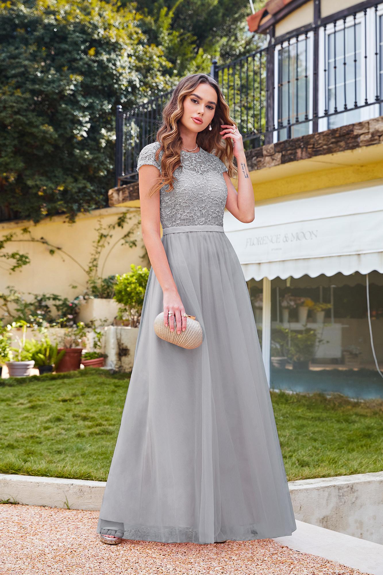Chic Cap Sleeves Illusion Lace Aline Bridesmaid Dress Floor Length Chiffon Evening Dress-newarrivaldress
