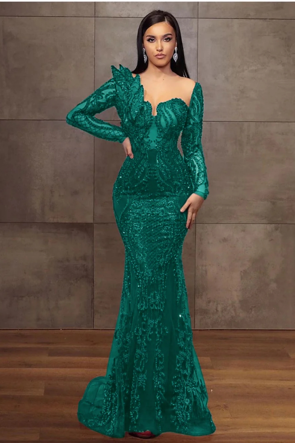 Charming Glitter Burgundy Long Sleeves Mermaid Prom Dress Beadings Evening Dress-newarrivaldress