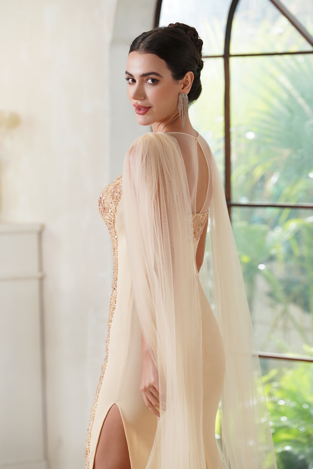 Champagne Tulle Trumpet Prom Dress with Cape Scoop Neck Beadings Long Evening Dress with Side Split-newarrivaldress