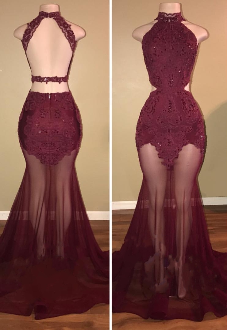 Mermaid Lace Appliques Sheer-Tulle Burgundy High Neck Long Prom Dresses BA7713-newarrivaldress