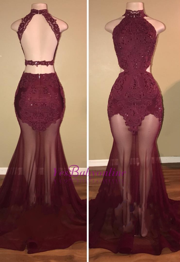 Burgundy Mermaid Sheer-Tulle High-Neck Lace-Appliques Prom Dresses-newarrivaldress