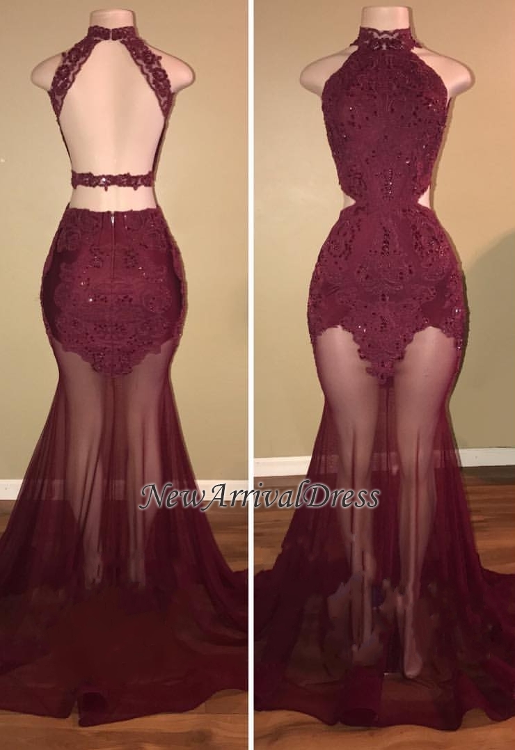Mermaid Lace Appliques Sheer-Tulle Burgundy High Neck Long Prom Dresses BA7713-newarrivaldress