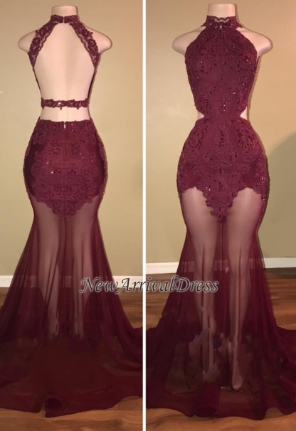 Mermaid Lace Appliques Sheer-Tulle Burgundy High Neck Long Prom Dresses BA7713-newarrivaldress