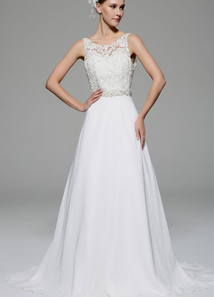 Ivory Wedding Dress Illusion Rhinestone Lace Satin Wedding Gown-newarrivaldress
