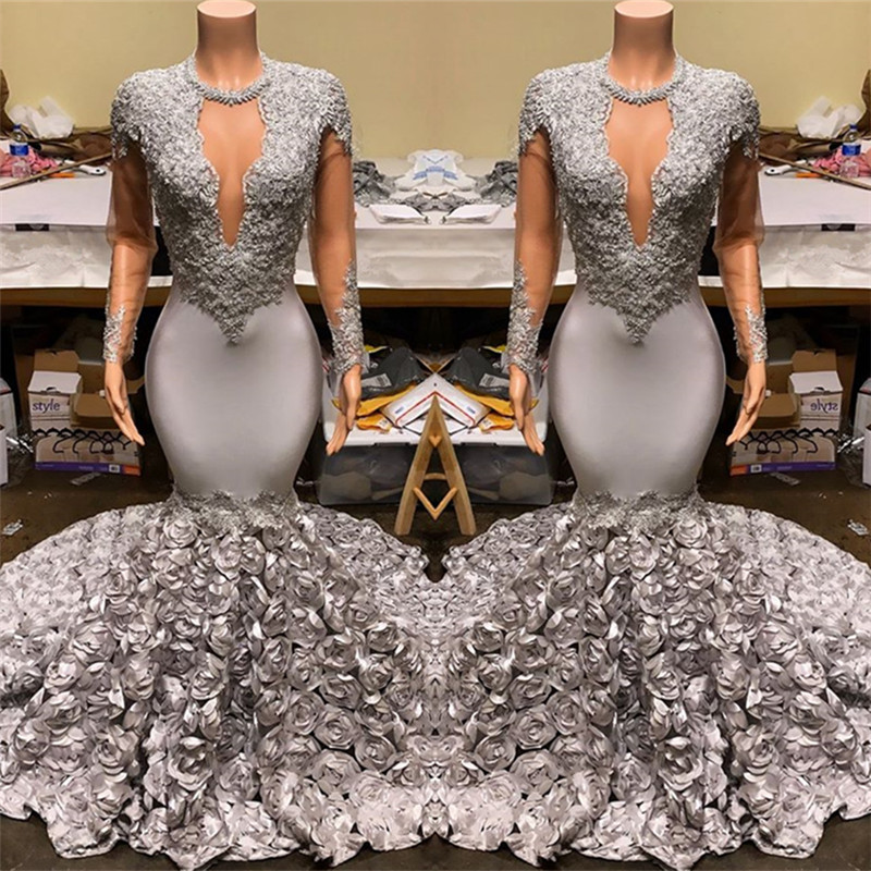 Silver Mermaid Plus Size Long Prom Dresses | Lace Appliques Flowers Evening Gowns-newarrivaldress