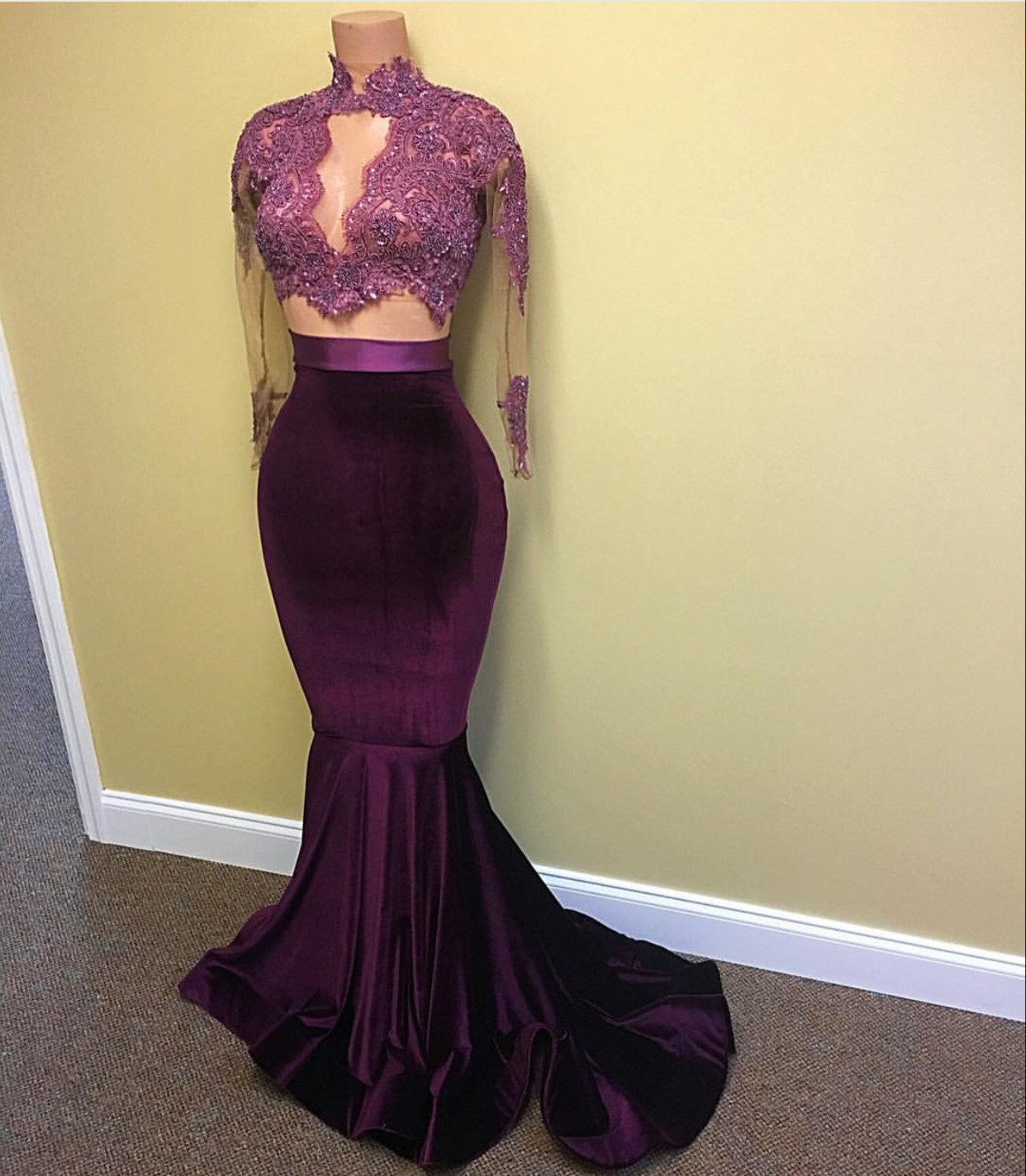 Long Sleeve Mermaid Modest High Neck Lace Appliques Prom Dresses BA4641-newarrivaldress