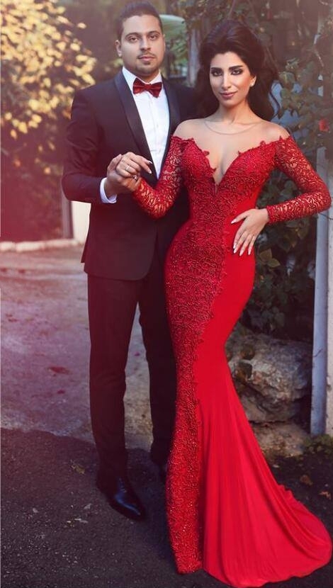 Red Mermaid Prom Dresses Long Sleeves Lace Formal Evening Gowns-newarrivaldress