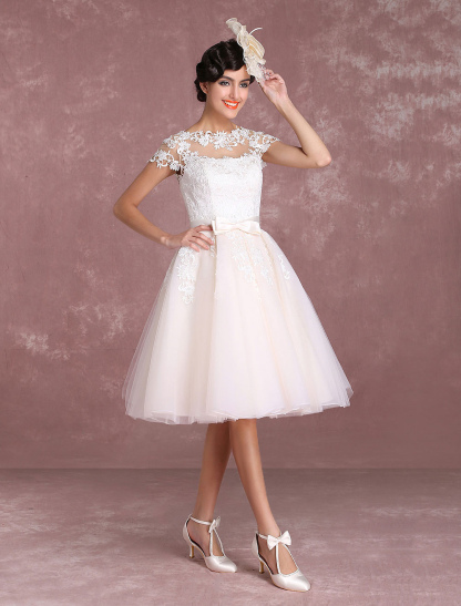 Vintage Wedding Dresses Short Lace Applique Bridal Gown Illusion Bow Sash Bridal Dress Exclusive-newarrivaldress
