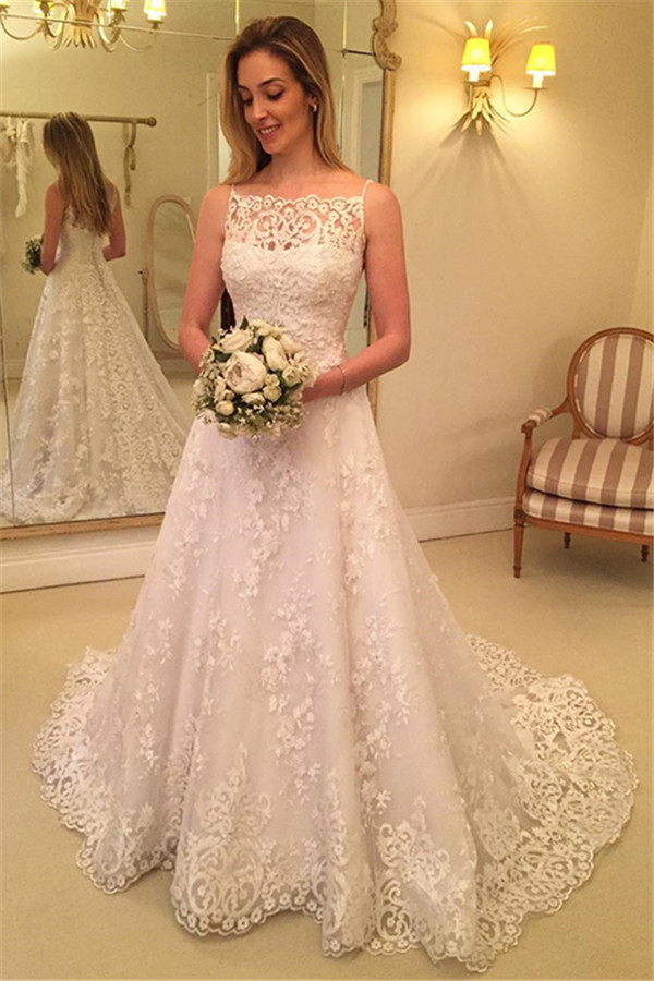 Sleeveless Sweep Train Lace Bridal Gowns | Buttons Spaghetti Straps Wedding Dresses-newarrivaldress