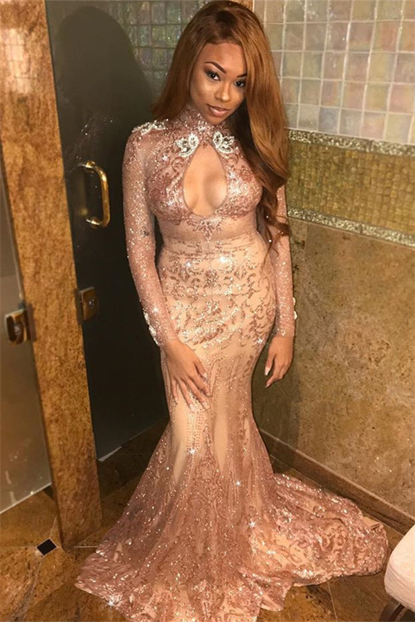 Mordern High Neck Long Sleeves Sequins Lace Appliques Sexy Mermaid Floor-Length Prom Dresses-newarrivaldress