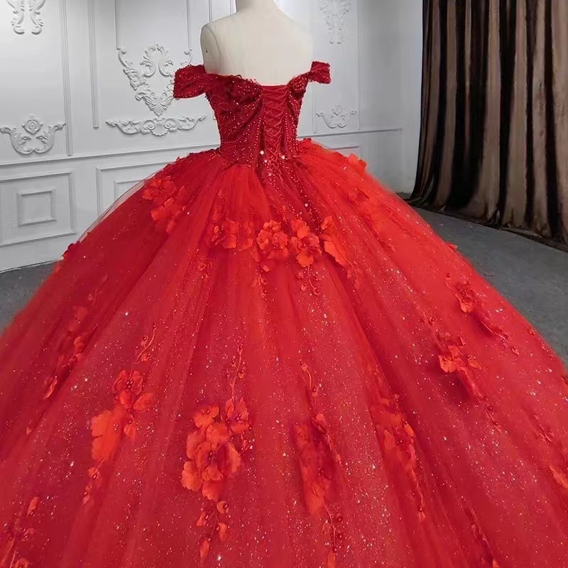 Off-the-Shoulder Red Tulle Ball Gown Quinceanera Dress Glitter Pearls With Flower Appliques-newarrivaldress
