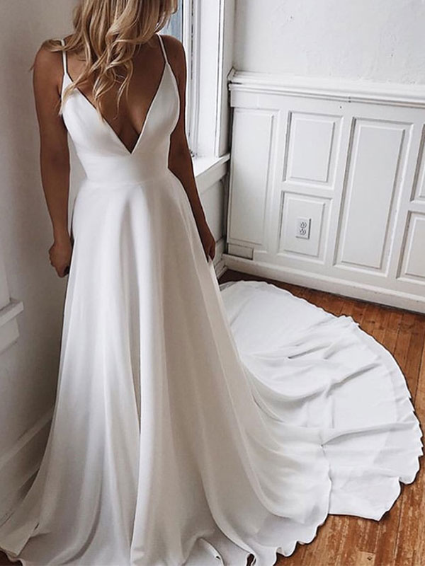 Simple Wedding Dress A Line V Neck Sleeveless Straps Back Lace Boho Bridal Dresses With Train-newarrivaldress