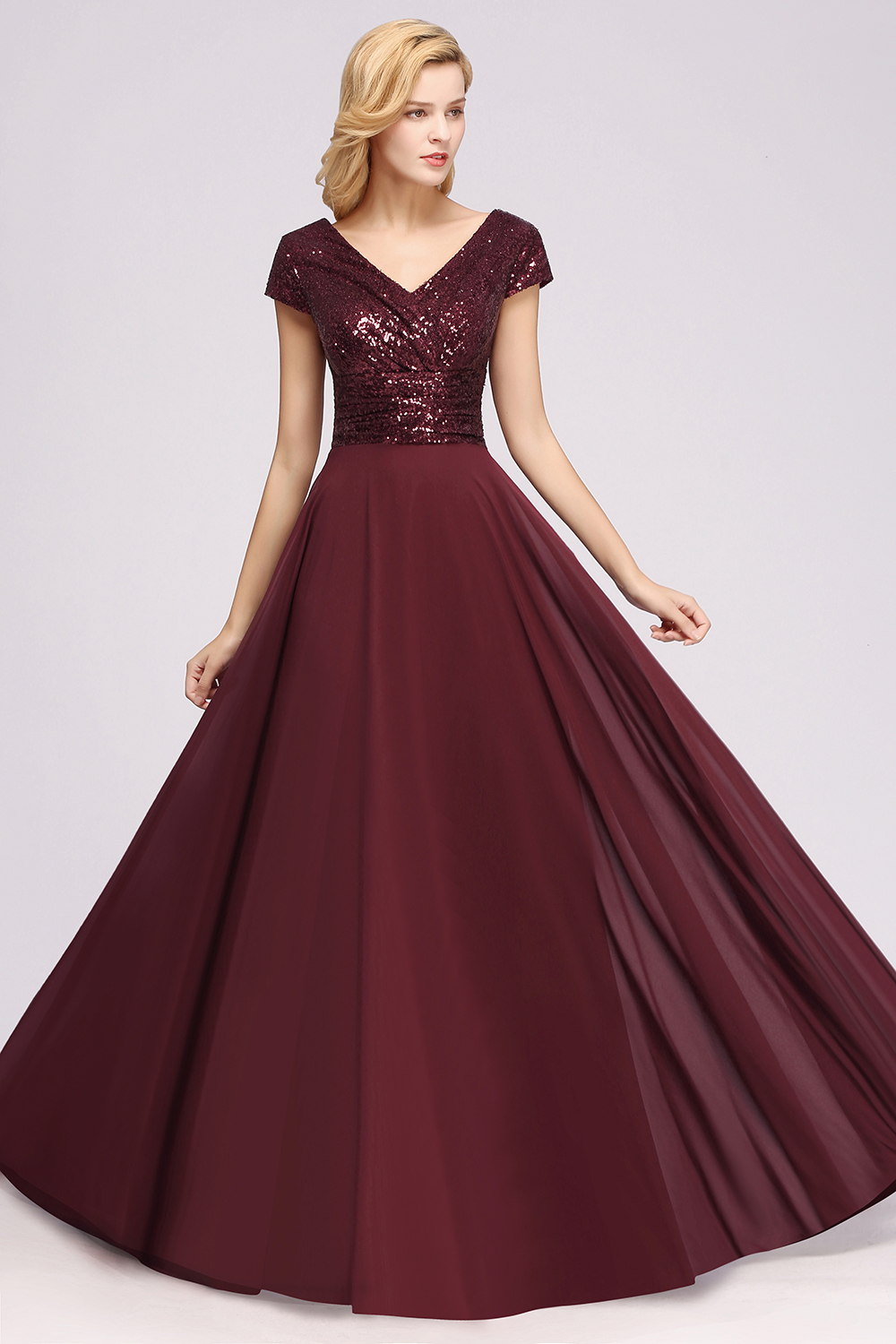 Elegant A-Line Burgundy Chiffon Sequined V-Neck Sleeveless Ruffles Floor-Length Bridesmaid Dresses-newarrivaldress
